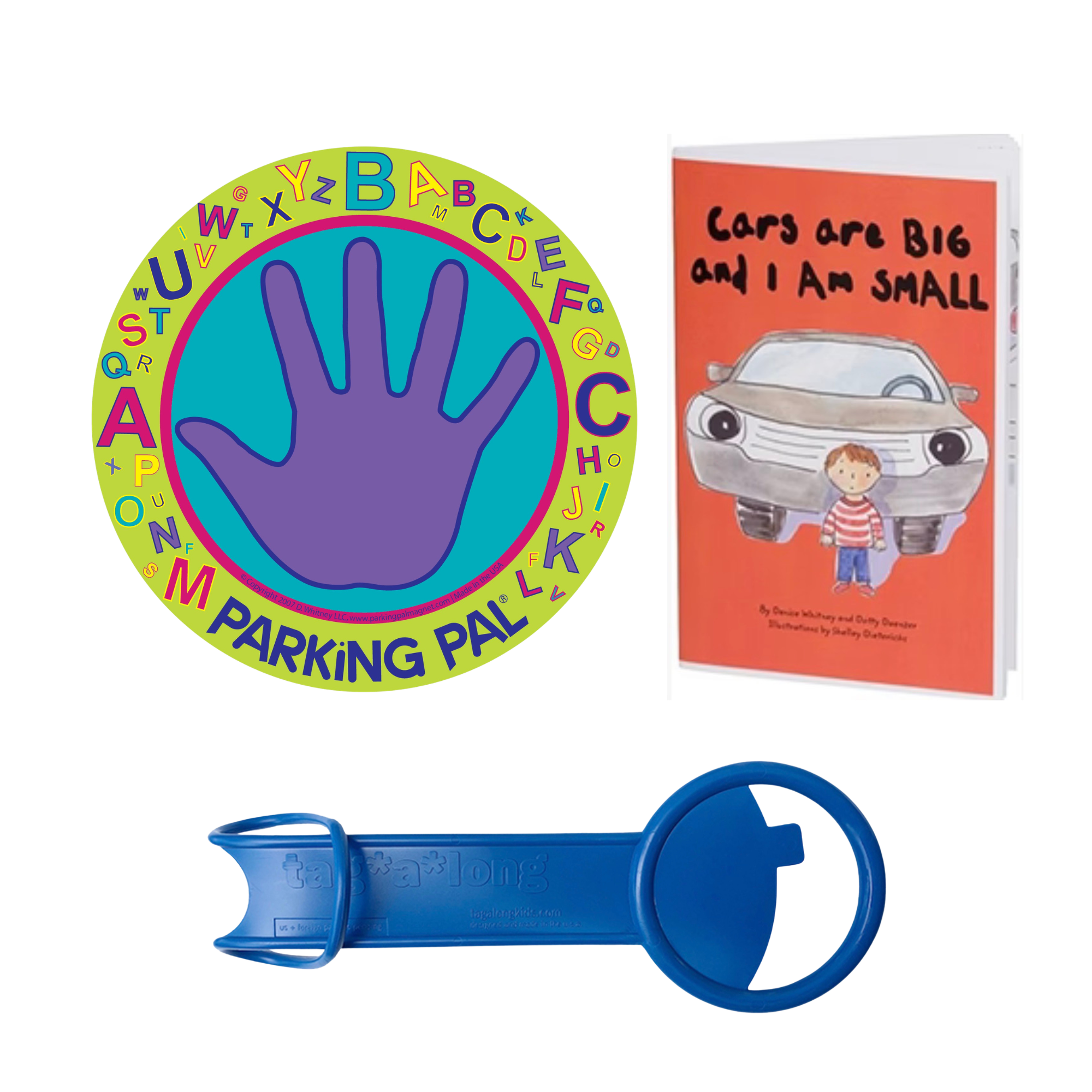Alphabet Parking Pal magnet, Cars are Big and I am Small book, and tag-a-long handle bundle