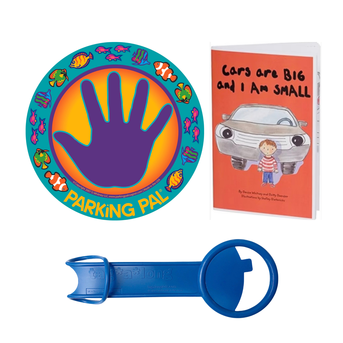 Fish Parking Pal magnet, Cars are Big and I am Small book, and tag-a-long handle bundle