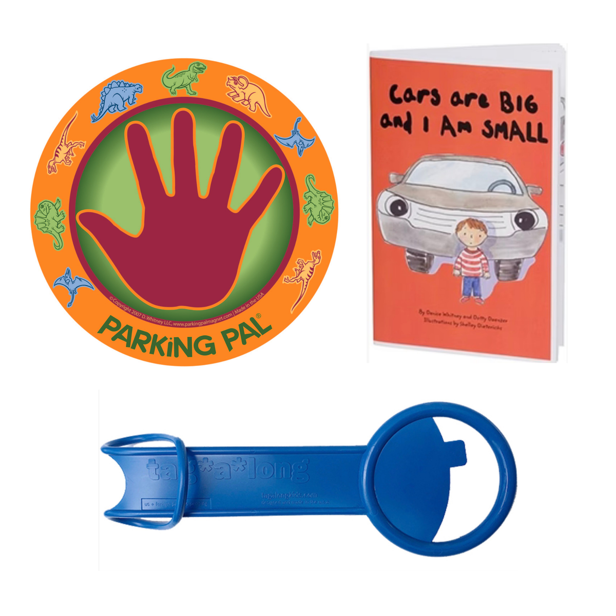 Dinosaur Parking Pal magnet, Cars are Big and I am Small book, and tag-a-long handle bundle