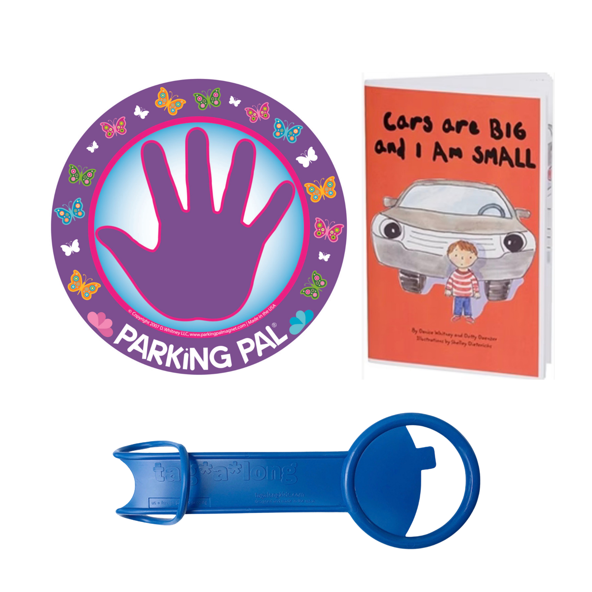 Butterfly Parking Pal magnet, Cars are Big and I am Small book, and tag-a-long handle bundle