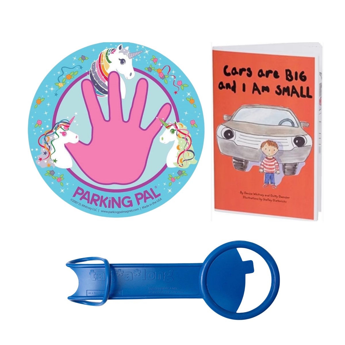 Unicorn Parking Pal magnet, Cars are Big and I am Small book, and tag-a-long handle bundle