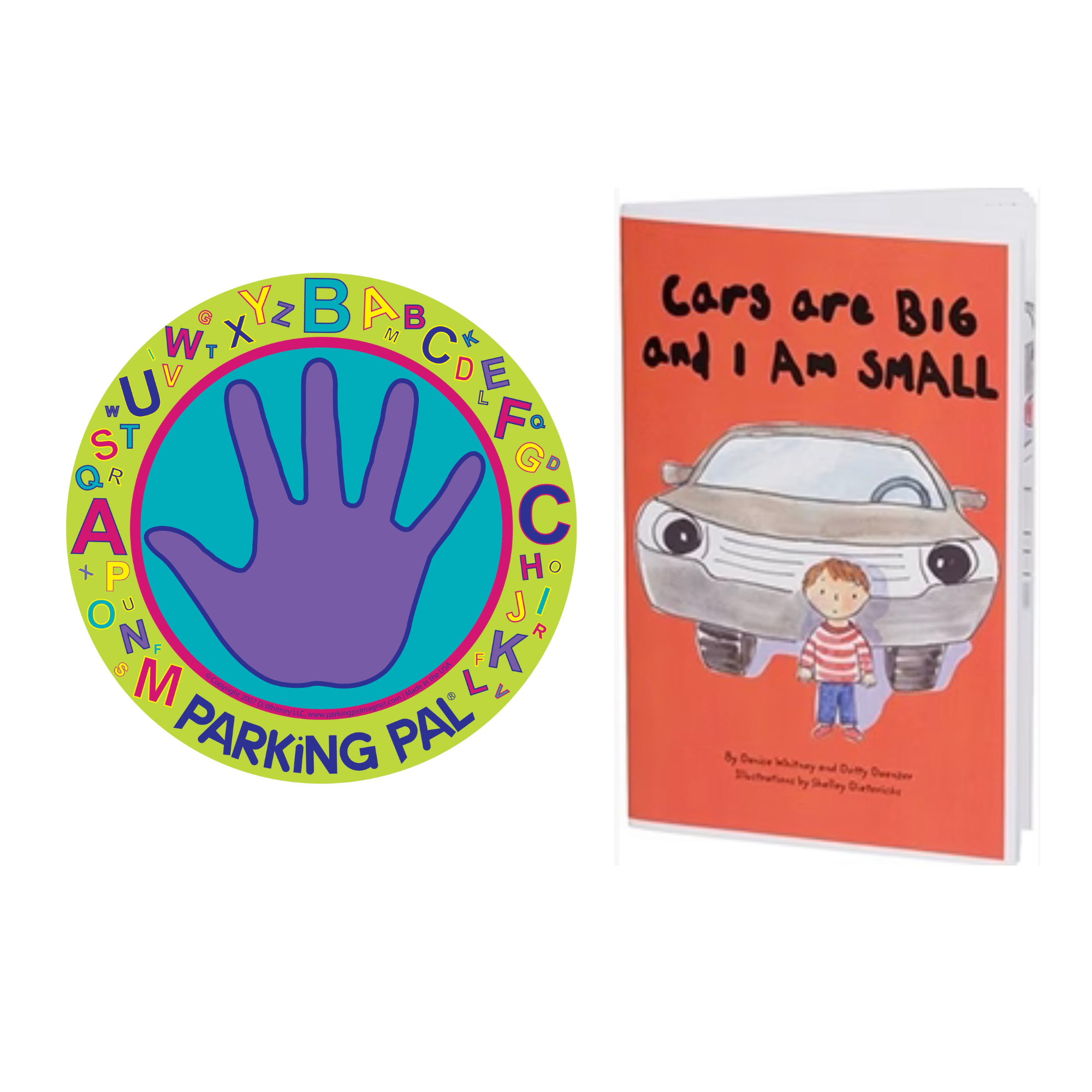 Alphabet Parking Pal magnet with Cars are Big and I am Small book combo pack