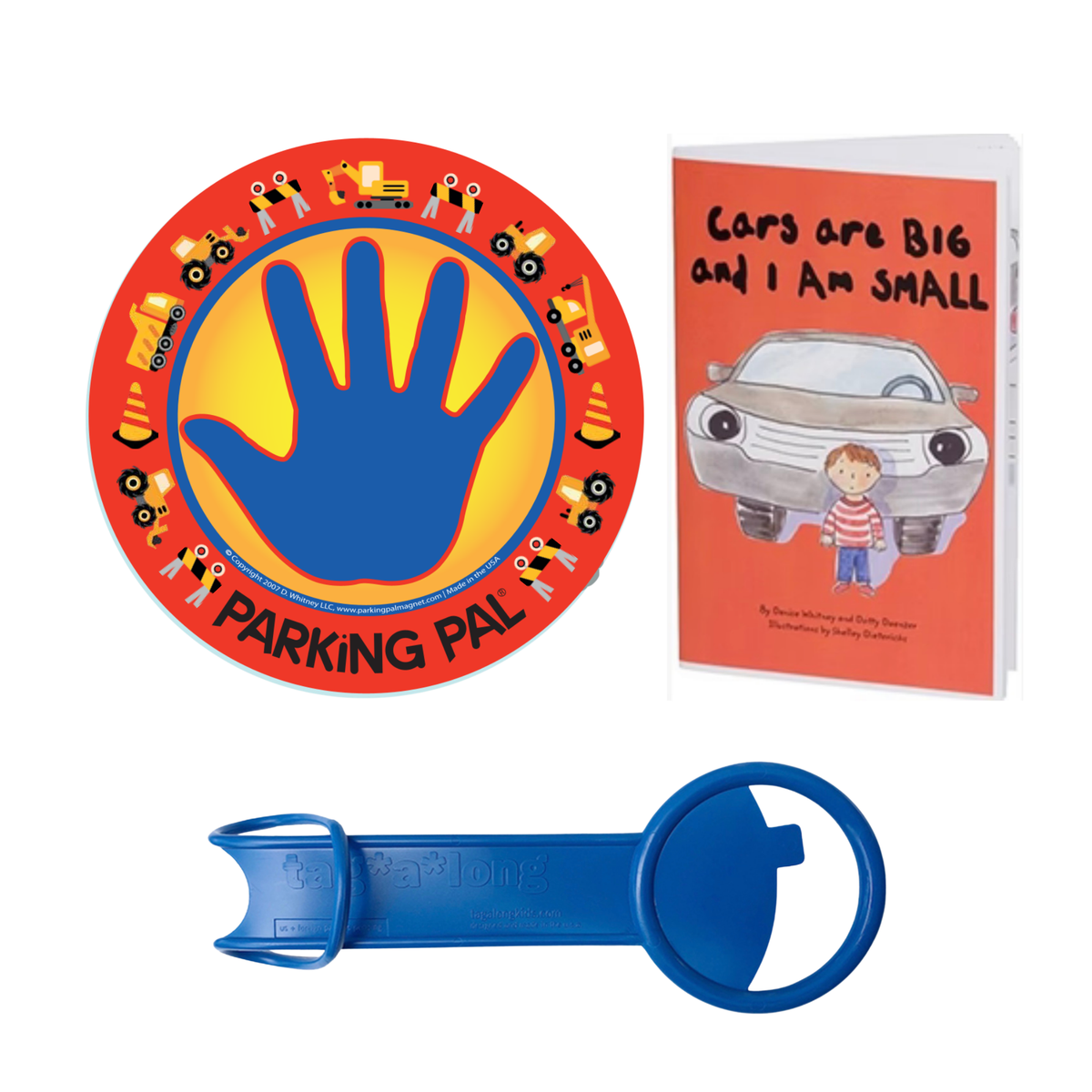 Construction Parking Pal magnet, Cars are Big and I am Small book, and tag-a-long handle bundle