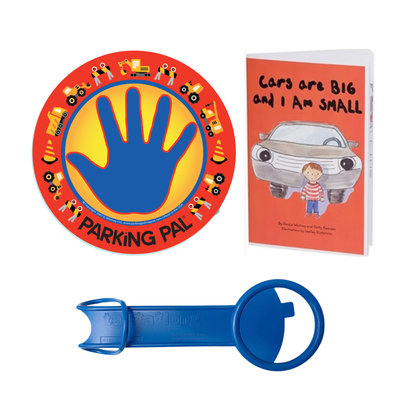 Construction Parking Pal magnet, Cars are Big and I am Small book, and tag-a-long handle bundle