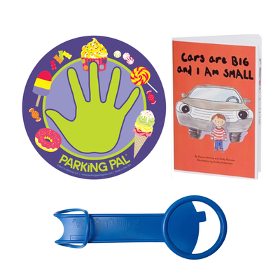 Sweet Treats Parking Pal magnet, Cars are Big and I am Small book, and tag-a-long handle bundle
