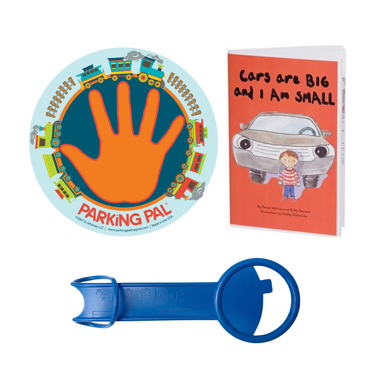 Train Parking Pal magnet, Cars are Big and I am Small book, and tag-a-long handle bundle