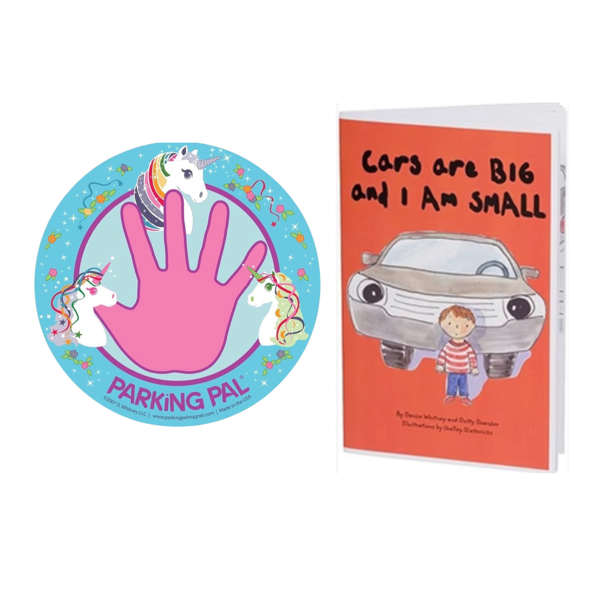 Unicorn Parking Pal magnet with Cars are Big and I am Small book combo pack