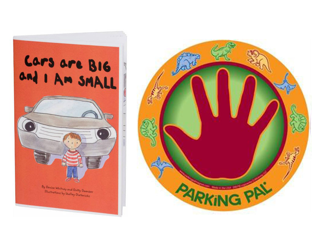 Dinosaur hand palm magnet for child safety around vehicles and in parking lots with safety book 