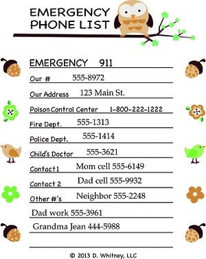 emergency phone list brown with owl for babysitters 911 poison control number